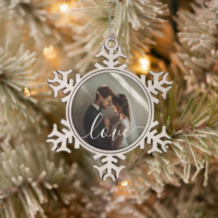'Love' Custom couple photo Snowflake Pewter Christmas Ornament