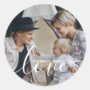 'Love' Custom family photo with custom name Classic Round Sticker