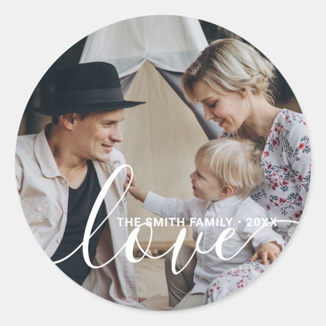 'Love' Custom family photo with custom name Classic Round Sticker (Front)
