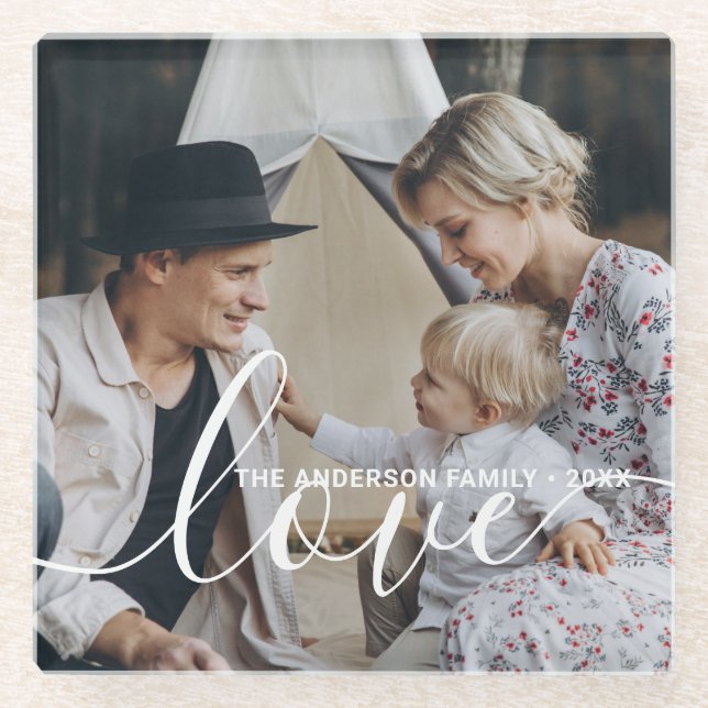 'Love' Custom family photo with custom name Glass Coaster (Front)