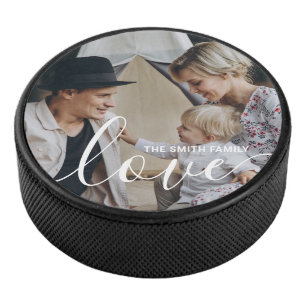 'Love' Custom family photo with custom name Hockey Puck