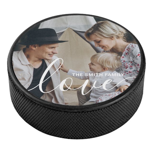 'Love' Custom family photo with custom name Hockey Puck (3/4)