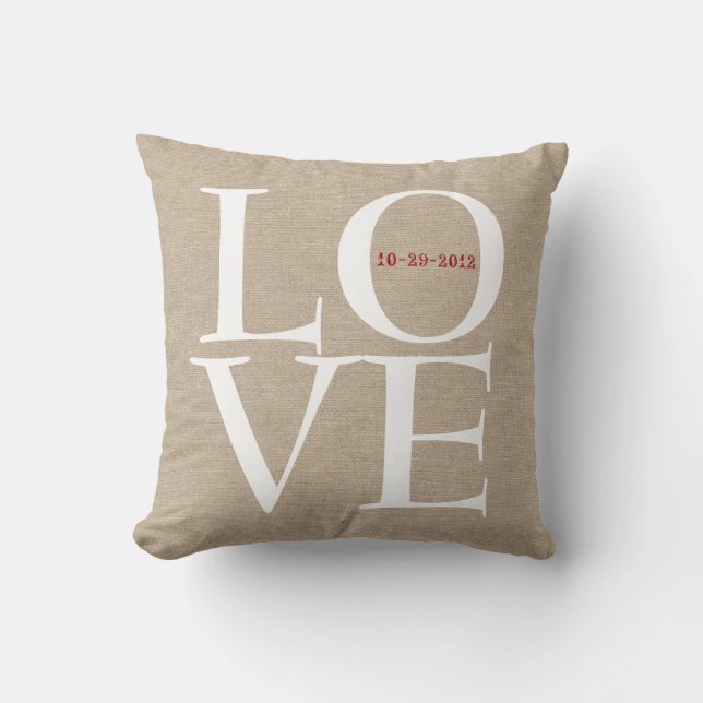 Love custom wedding date faux linen rustic burlap cushion (Front)
