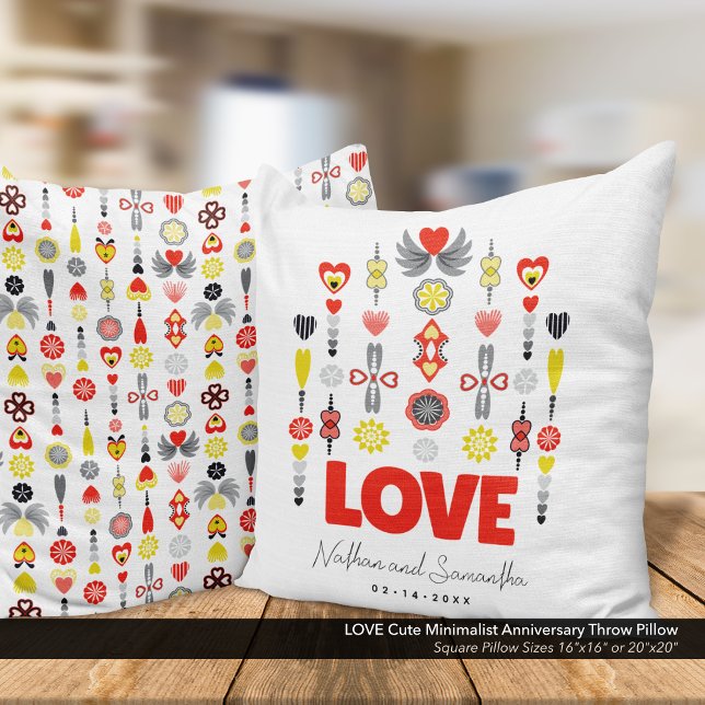 LOVE Cute Minimalist Anniversary  Cushion (LOVE Cute Minimalist Throw Pillow with Hearts & Flowers: Customize Your Names & Anniversary Date.
)