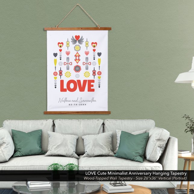 LOVE Cute Minimalist Anniversary  Hanging Tapestry (LOVE Anniversary Hanging Tapestry with Cute Minimalist Hearts and Flowers Design)