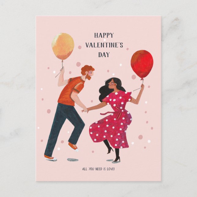 Love cute pink & red dancing people valentine card (Front)