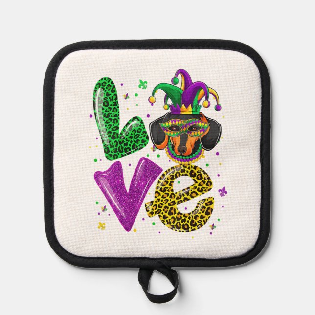 LOVE Dachshund Dog Mask Plaid Leopard Mardi Gras Pot Holder (Front)