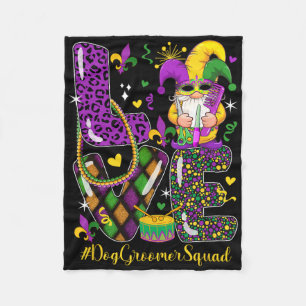 Love Dog Groomer Squad Mardi Gr Leopard Gnome Para Fleece Blanket