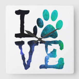 LOVE Dog Paw Print Blue and White Clock
