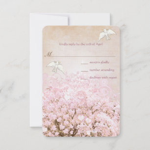Love Doves Pink and Brown Heart Leaf Tree Wedding RSVP Card