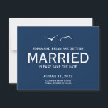Love Doves Save The Date Announcement - Navy<br><div class="desc">A modern illustration of two love doves flying over the ocean waves creates a beautiful wedding stationery to complement your romantic seaside celebration. More colours available. Custom colours available upon request.com</div>