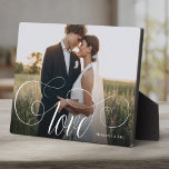 LOVE Elegant Calligraphy Couple Photo Wedding Plaque<br><div class="desc">Elegant wedding keepsake for Newlyweds,  Valentine's Day,  engagement,  showcasing your favourite couple photo with modern script calligraphy reading LOVE over your custom text like names and / or date or a personal message over a dark gradient to make the typography stand out.</div>