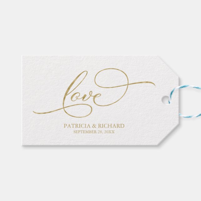 Love - Elegant Gold Foil Script Wedding Favour Tag (Front (Horizontal))
