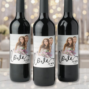 Love Elegant Script Couple Photo Wine Label