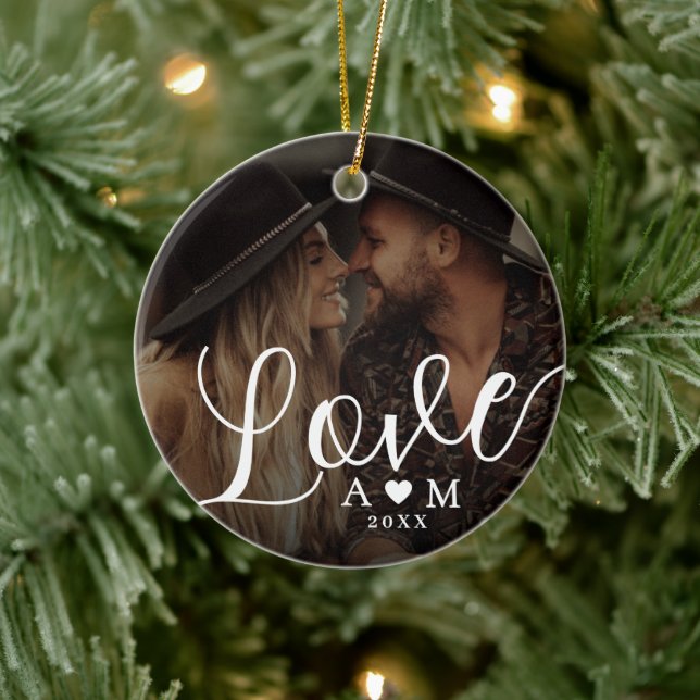 Love Elegant Script Heart Monogram Two Photo Ceramic Tree Decoration (Tree)