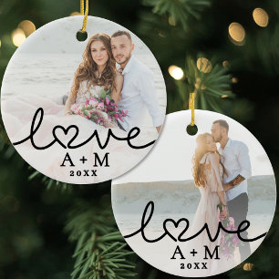 Love Elegant Script Heart Two Photo Ceramic Tree Decoration