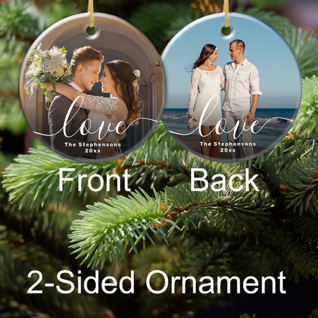 Love Elegant Script Overlay Double Sided Photo Ceramic Tree Decoration (2 sided photo ornament wedding engaged newlywed love personalized christmas ornament)