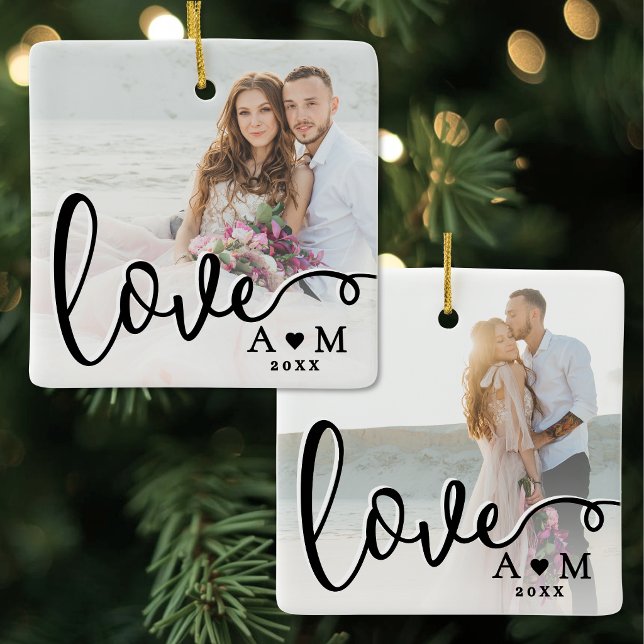 Love Elegant Script Two Photo Ceramic Ornament (Love Elegant Script Two Photo Ceramic Ornament)