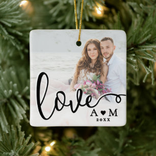 Love Elegant Script Two Photo Ceramic Ornament
