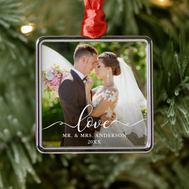 Love Elegant Script Wedding Photo Mr. and Mrs. Metal Tree Decoration (Tree)