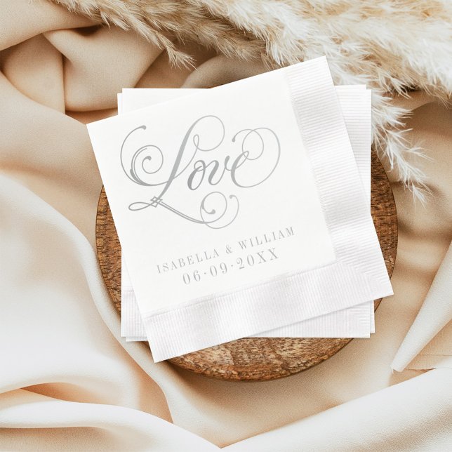 Love Elegant Silver Calligraphy Wedding Monogram Napkin (Creator Uploaded)