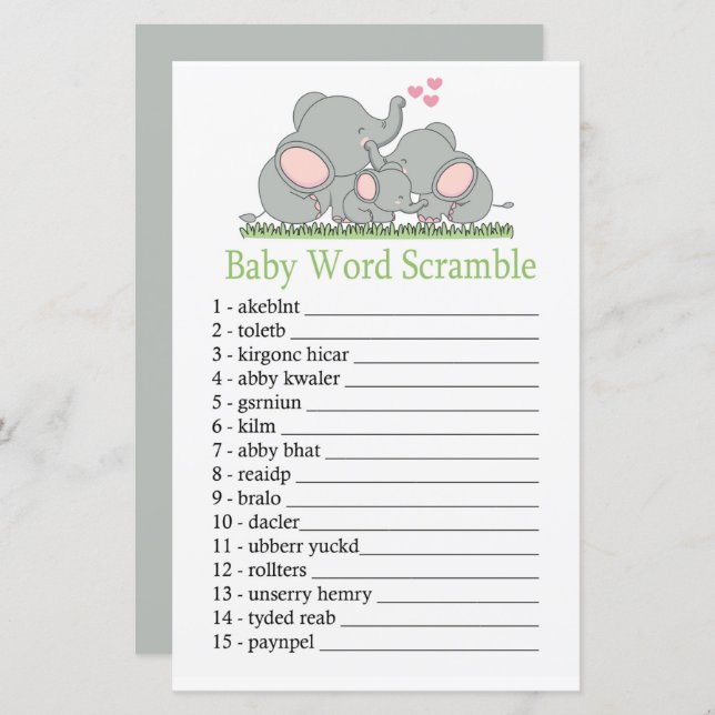 Love Elephants Baby word scramble game (Front/Back)