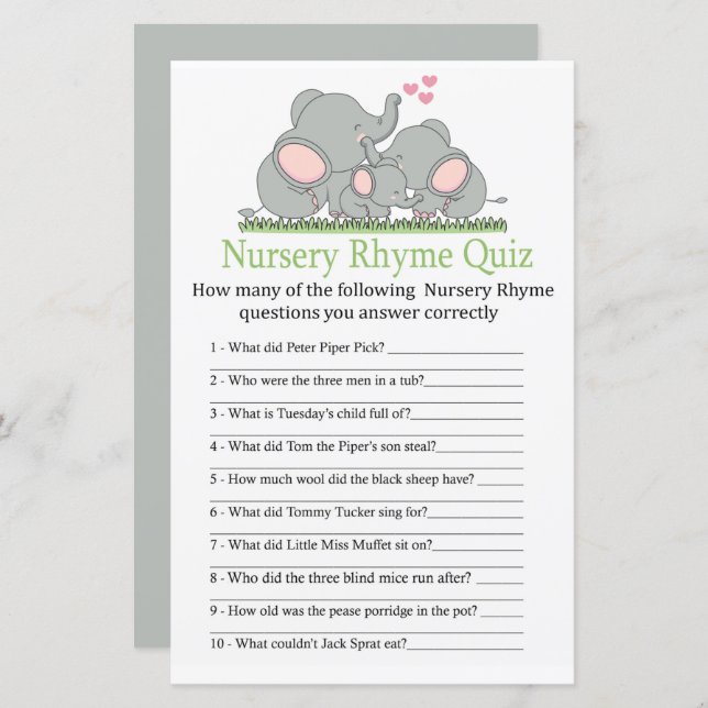 Love Elephants Nursery Rhyme Quiz baby shower game (Front/Back)