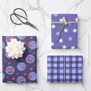 Love Emoji Flower Checks Wrapping Paper Set of 3
