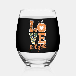Love Fall Y'All Leopard Print Fall Thanksgiving  Stemless Wine Glass