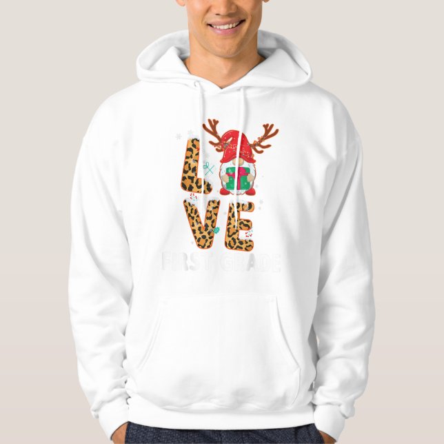 Love First Grade Leopard Reindeer Santa Christmas Hoodie (Front)