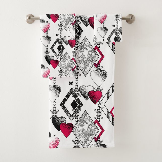 Love, fishnet, patchwork bath towel set (Insitu)