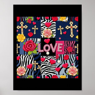 Love Floral Denim Collage Patchwork Design Sticker Poster