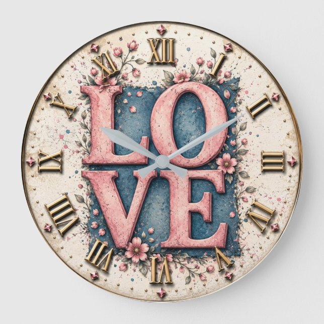 LOVE Floral Romantic Pink Flower Large Clock (Front)