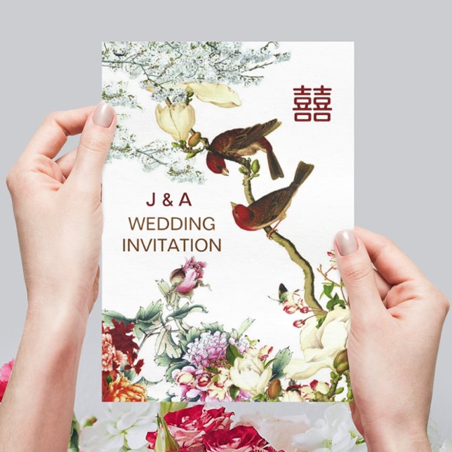 Love Flourishing Birds & Flowers Chinese Wedding © Invitation (Creator Uploaded)