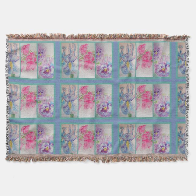 Love Flowers Watercolor Blue Modern Throw Rug Blanket (Front)