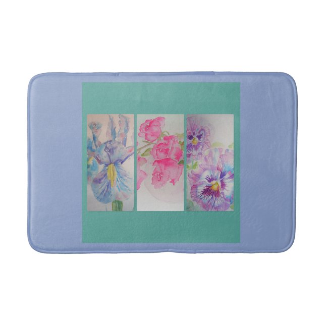 Love Flowers Watercolor Turquoise Blue Bath Mat (Front)