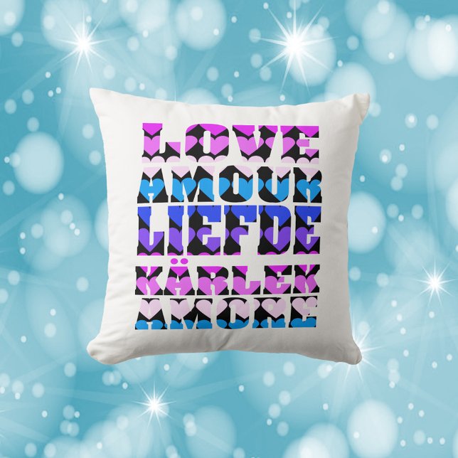 Love Foreign Languages Hearts Pink Purple Black Cushion (A pillow that says love in a variety of languages with hearts in pink, blue and purple.)