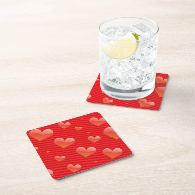 Love Forever, hearts of red design, Square Paper Coaster (Insitu)
