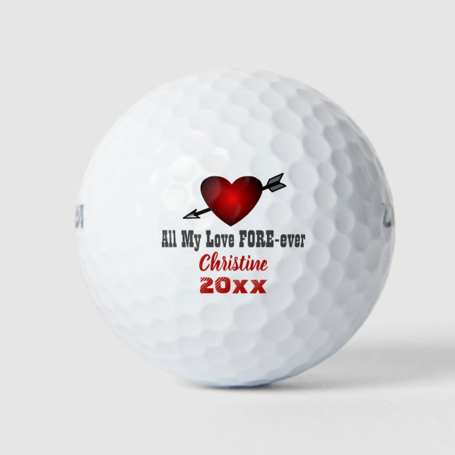 Love Forever Red Heart Valentine's Day Custom Name Golf Balls (Front)