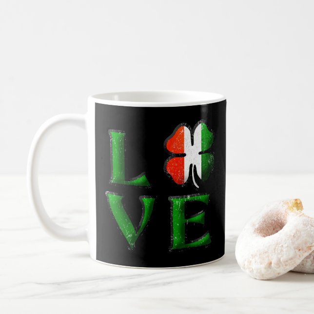 Love Four Leaf Clover Irish Flag St. Patrick's Coffee Mug (With Donut)