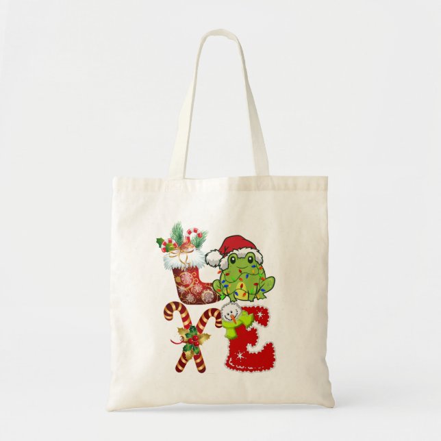 Love Frog Christmas Lights Funny Santa Hat Christm Tote Bag (Front)
