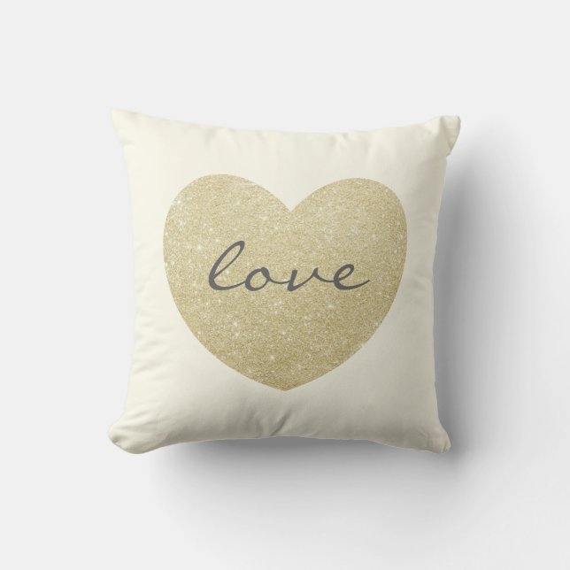 "Love" Glitter golden heart-Print Cushion (Front)