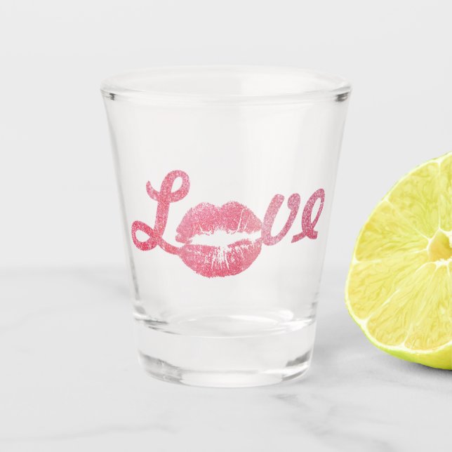 Love Glitter Pink Lipstick Kiss Shot Glass (Front)