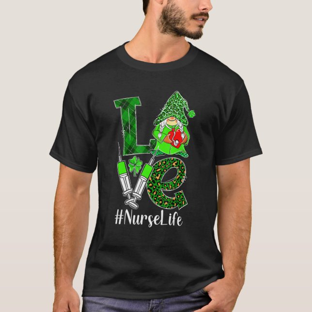 Love Gnome Nurse Life Er Rn St Patricks Day Leopar T-Shirt (Front)