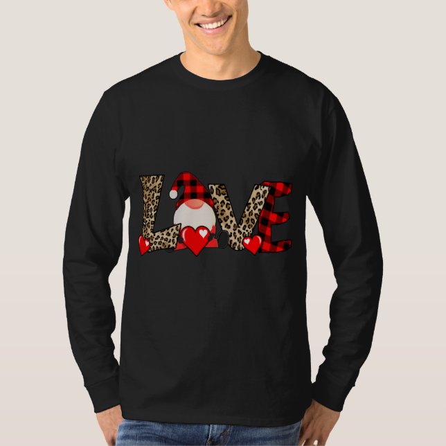 Love Gnome Valentines Day Leopard Red Plaid Gnomes T-Shirt (Front)