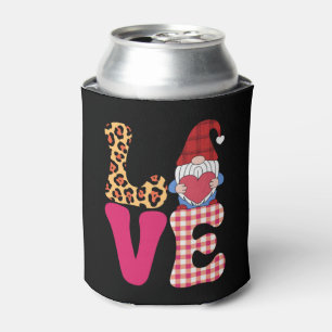 Love Gnome Valentines Day Red Buffalo Plaid Leopar Can Cooler