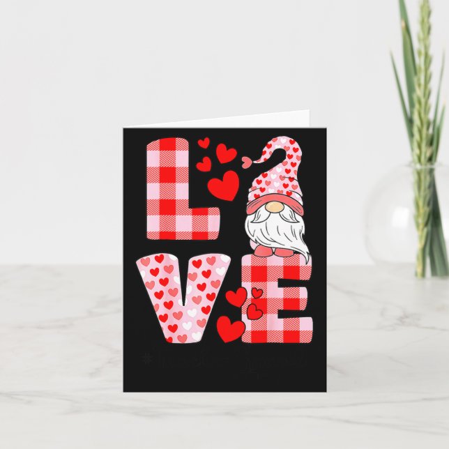 Love Gnome Valentines Day Red Buffalo Plaid Leopar Card (Front)