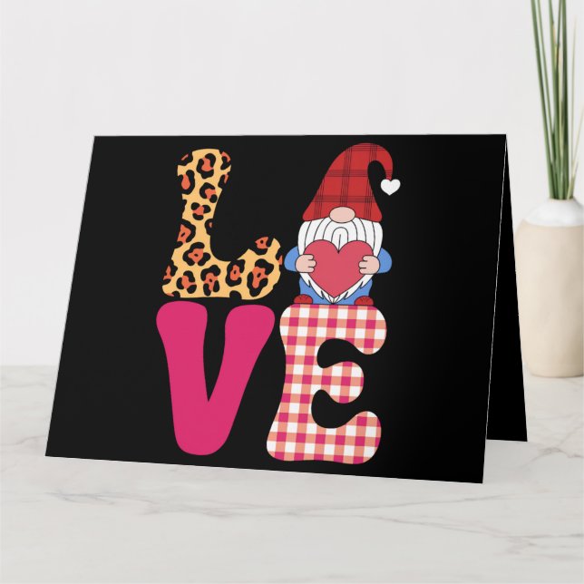 Love Gnome Valentines Day Red Buffalo Plaid Leopar Card (Front)