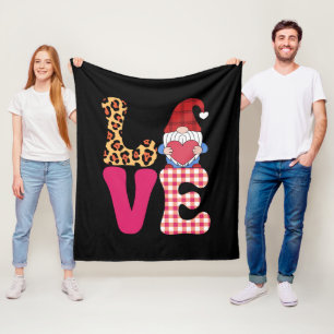 Love Gnome Valentines Day Red Buffalo Plaid Leopar Fleece Blanket