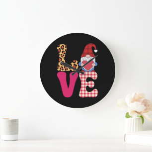 Love Gnome Valentines Day Red Buffalo Plaid Leopar Large Clock